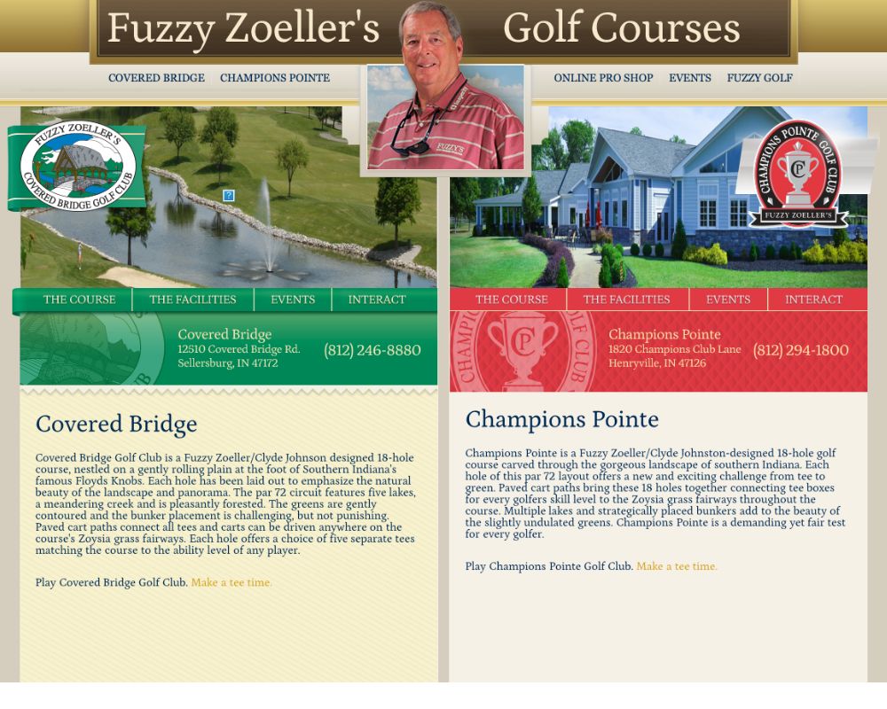 The previous Fuzzy Zoeller Golf site — tables-based, non-responsive, with both courses crowded onto every page
